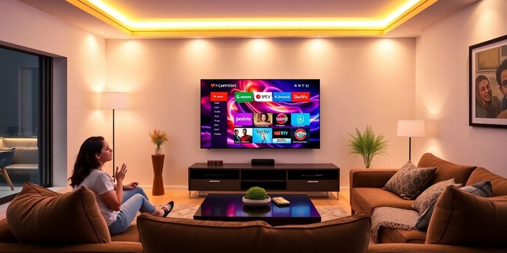 Camera modernă cu televizor și interfață IPTV.