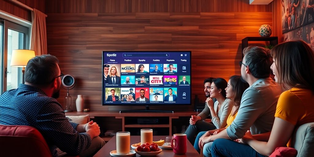 Oameni bucurându-se de IPTV acasă, în living.
