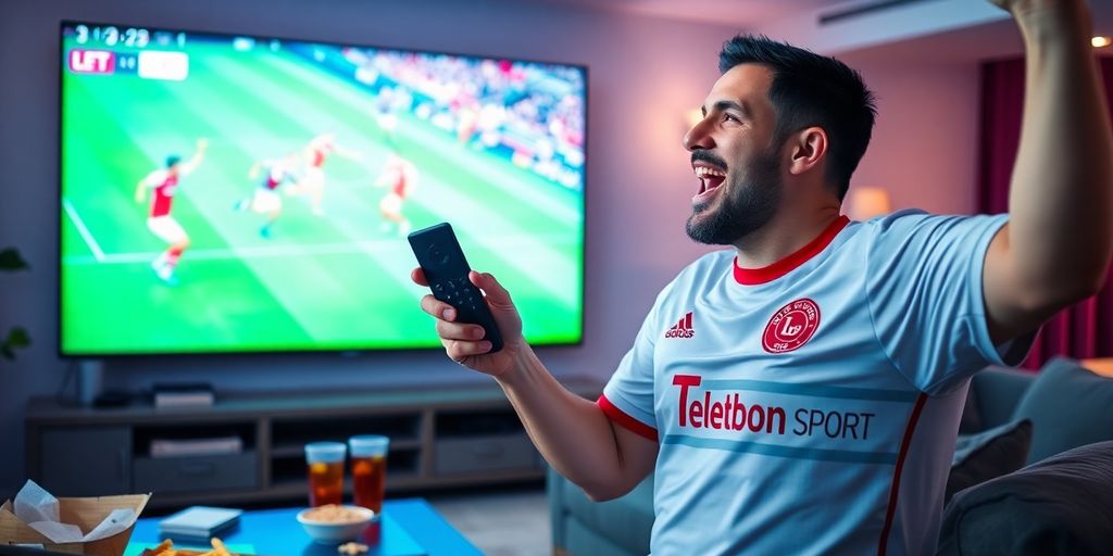 Fan cu tricou Telekom Sport urmărind un meci de fotbal.