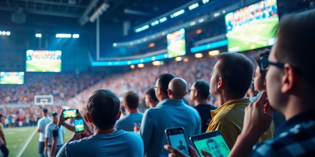 Spectatori entuziasmați urmărind sport pe dispozitive digitale.