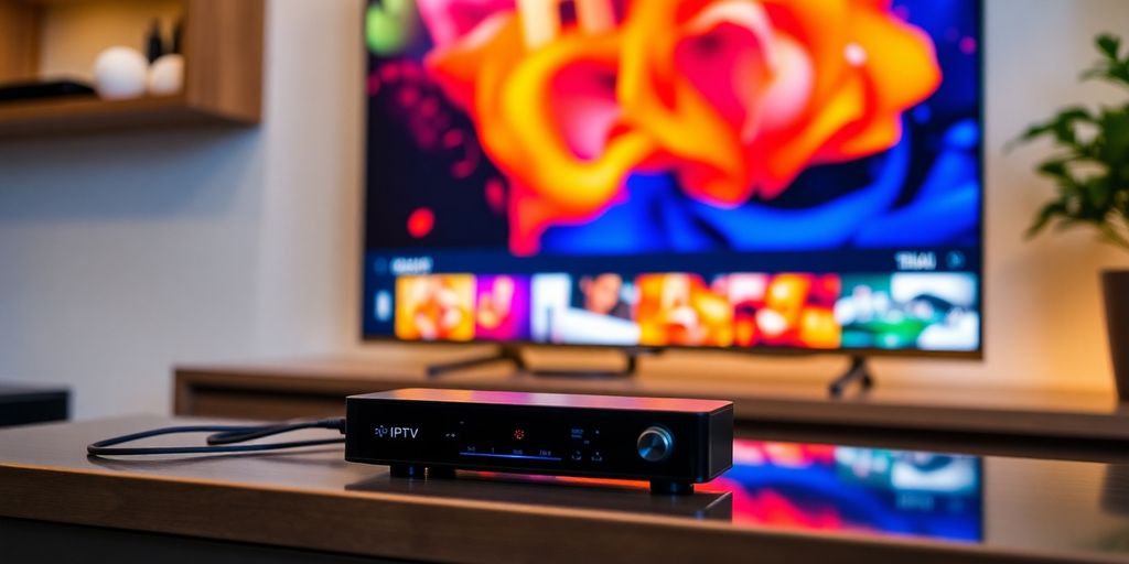 Set de IPTV modern cu televizor și dispozitive de streaming.
