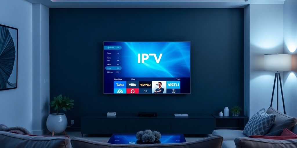 Camera modernă cu televizor și IPTV activat.