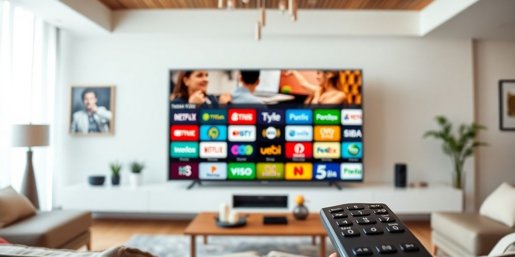 Interfață IPTV 4K cu canale colorate și telecomandă.