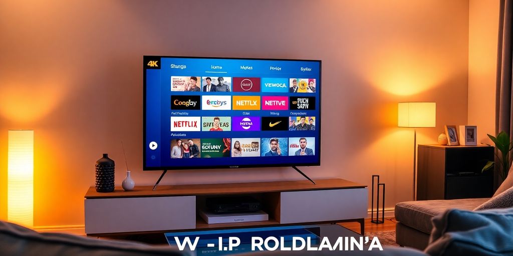 Setări IPTV moderne cu televizor 4K și canale diverse.