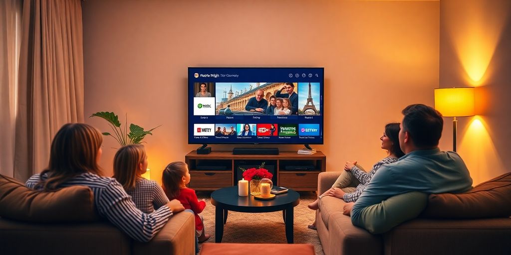 Familie bucurându-se de o seară de film acasă.