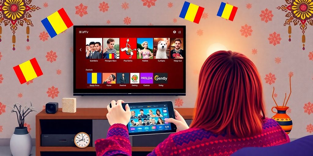 Persoană vizionând canale TV românești pe un dispozitiv modern.