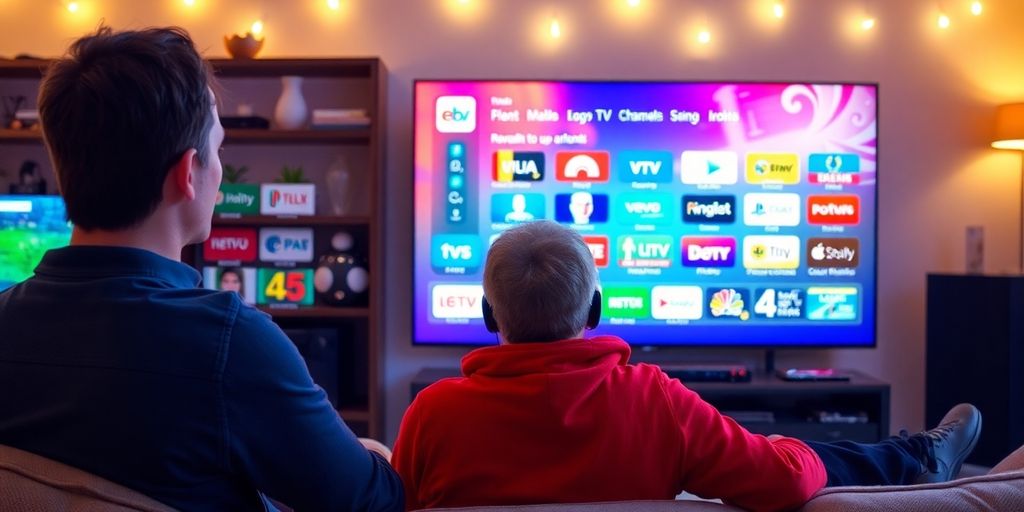 Persoană urmărind IPTV într-un living confortabil.